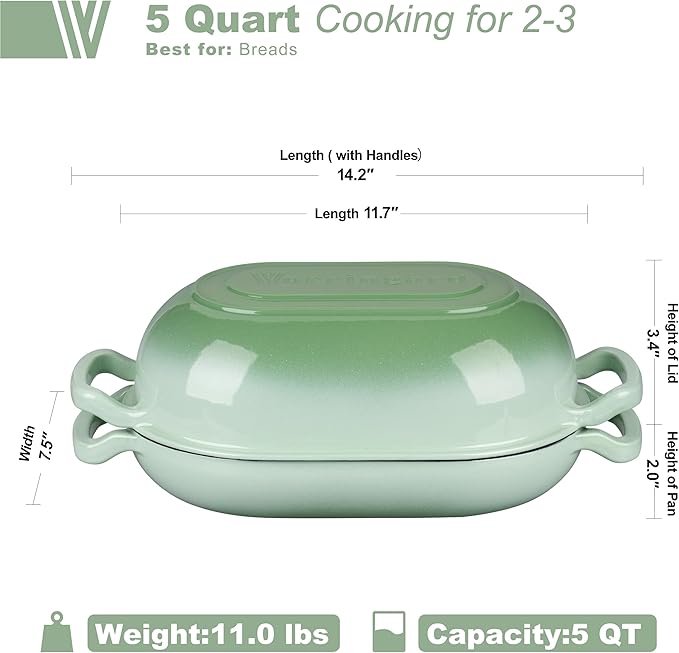 VORRINGARD Enameled Cast Iron Sourdough Bread Oven, Dutch Oven, Loaf Cast Iron Bread Pan for Homemade Bread Baking, Meatloaf Pan with Lid, 5QT, Green - Image 2