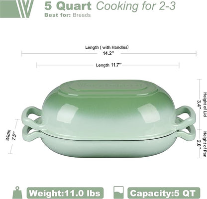 VORRINGARD Enameled Cast Iron Sourdough Bread Oven, Dutch Oven, Loaf Cast Iron Bread Pan for Homemade Bread Baking, Meatloaf Pan with Lid, 5QT, Green - Image 2