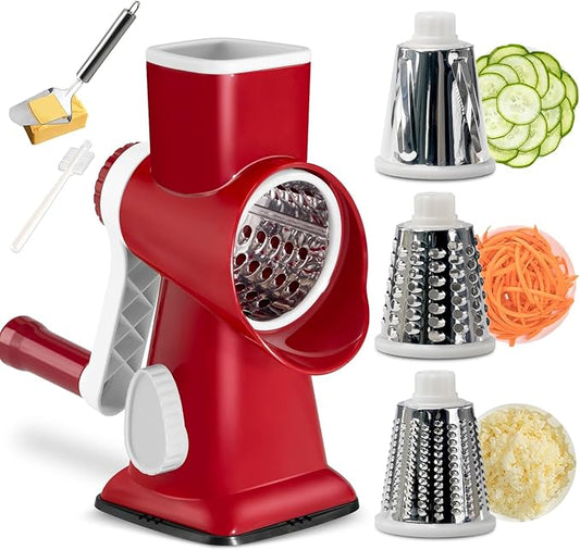 3 in 1 Manual Vegetable Cutter Machine with Stainless Steel Changeable Blades Rotary Cheese Grater Kitchen Tool Potato Slicer Shredder Nuts Chocolate Chopper (Red white)