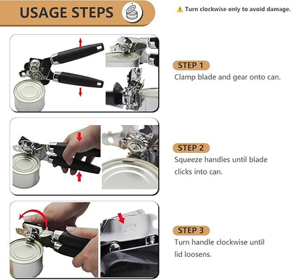 Can Opener Manual Heavy Duty - Hand Held Strong Can Openers for Seniors with Oversized Turn Knob, Soft Grip Sharp Blade, Solid Steel Hand Manual Can Open for Kitchen & Camping