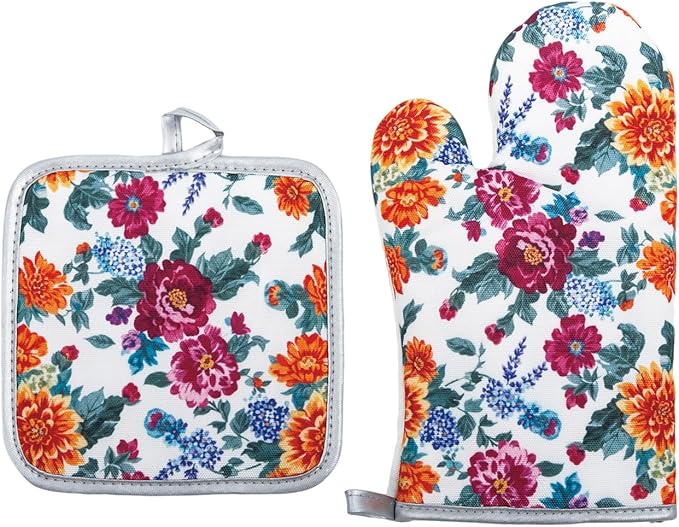Floral Oven Mitts and Pot Holders Sets 2 Pcs, Canvas Heat Resistant Kitchen Mittens with Hot Pads, Vintage Farmhouse Country Decor, Non-Slip Cooking Baking Grilling Gifts for Women Mom (Flower4)