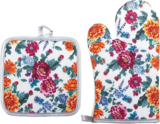 Floral Oven Mitts and Pot Holders Sets 2 Pcs, Canvas Heat Resistant Kitchen Mittens with Hot Pads, Vintage Farmhouse Country Decor, Non-Slip Cooking Baking Grilling Gifts for Women Mom (Flower4)