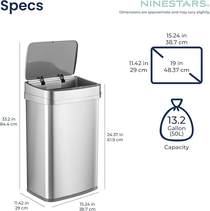Ninestars 13 Gallon Odor Neutralizing Smart Trash Can, UV + Ozone Dual Purification, Odor Control Motion Sensor Garbage Bin, Universal Power Adapter, ONT-50-81SL Stainless Steel, Silver, Nova Series - Image 8