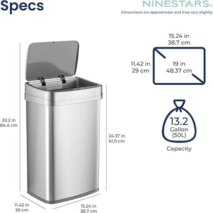 Ninestars 13 Gallon Odor Neutralizing Smart Trash Can, UV + Ozone Dual Purification, Odor Control Motion Sensor Garbage Bin, Universal Power Adapter, ONT-50-81SL Stainless Steel, Silver, Nova Series - Image 8