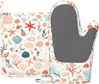 Cartoon Starfish and Shells Oven Mitts and Pot Holders Sets Silicone Kitchen Mitts Potholders Heat Resistant Oven Gloves Hot Pads for Kitchen Baking Cooking BBQ