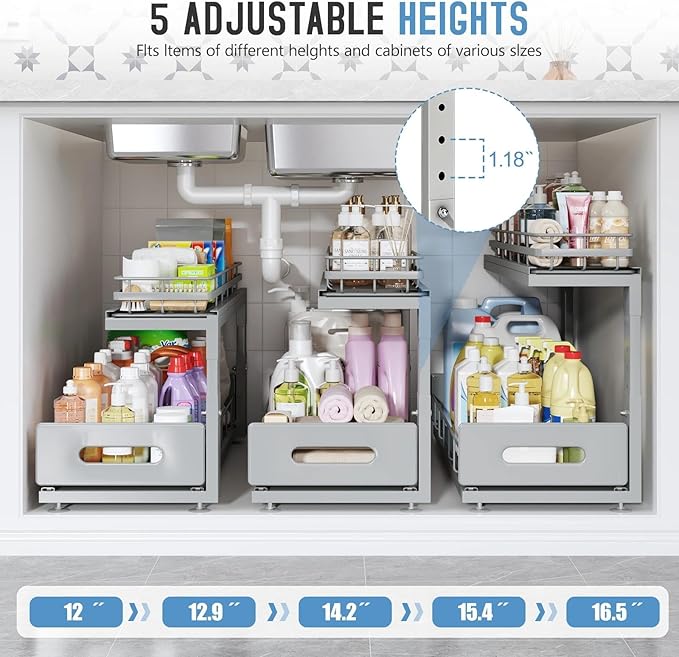 Under Sink Organizer Upgrade To Professional Rails,2-Tier Dual Pull Out Cabinet Storage,Height Adjustable Slide Out Drawers For Bathroom Kitchen,1 Pack-21"Dx12.8"-16.9"H,Gun Gray - Image 6