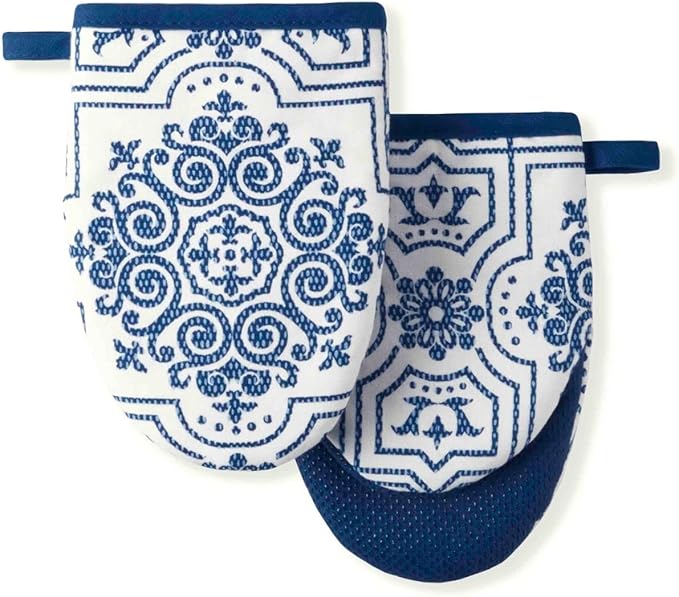 Martha Stewart Strie Medallion Mini Oven Mitt 2-Pack Set, Navy Blue, 5.5"X8" by MarthaStewart