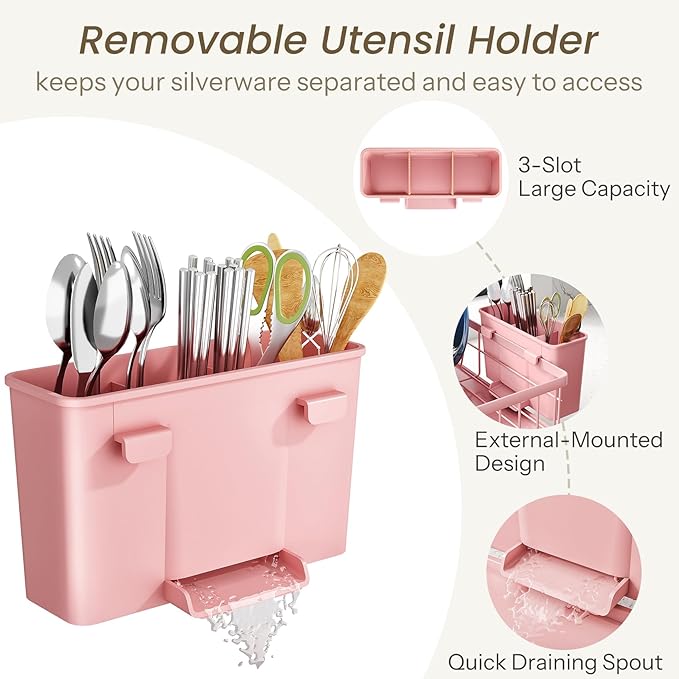SNTD Dish Drying Rack - Small Dish Rack for Kitchen Counter, Stainless Steel Dish Drainer with Utensil Holder and Drainboard, 11" W x 15" L (Pink) - Image 7