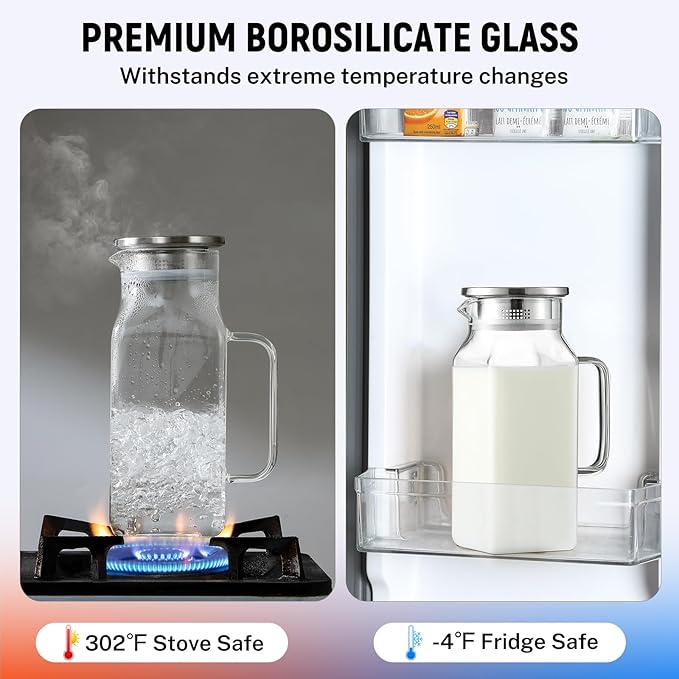 40 oz,1.2Liter Square Glass Pitcher with Lid and Spout, Breast Milk Pitcher with Handle for Fridge, Borosilicate Glass Carafe for Hot/Cold Drink, Small Jug for Iced Tea, Coffee,Water Storage Container - Image 4