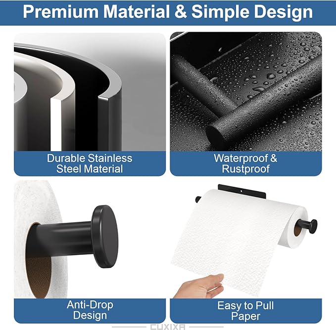 CUXIXA Paper Towel Holder Under Cabinet 2 Pack, Under Counter Paper Towel Holder Wall Mount with Self Adhesive and Screws for Kitchen, Bathroom, RV(Stainless Steel, Black) - Image 4