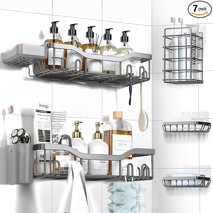 NESOMI Shower Caddy Adhesive Shower Organizer 7-Pack, Rustproof Stainless Steel Bathroom Shelves, Large Capacity No-Drill Rack Storage Accessories with Soap Dish Toothbrush Holder Hooks by OrganizeYourHomeEssentials
