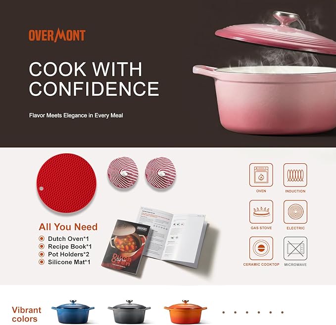 Overmont Enameled Cast Iron Dutch Oven - 5.5QT Pot with Wide Handles Lid Cookbook & Cotton Potholders - Heavy-Duty Pre-Seasoned Cookware Oven Safe to 500°F for Braising, Stews, Roasting, Sourdough Baking - Image 6