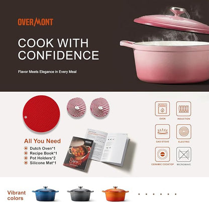 Overmont Enameled Cast Iron Dutch Oven - 5.5QT Pot with Wide Handles Lid Cookbook & Cotton Potholders - Heavy-Duty Pre-Seasoned Cookware Oven Safe to 500°F for Braising, Stews, Roasting, Sourdough Baking - Image 6