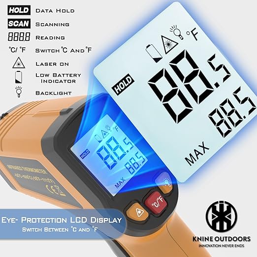 KNINE OUTDOORS Infrared Thermometer Laser Temperature Gun, -58℉ to 1112℉, Single Laser Targeting, Distance to Spot Ratio 12:1, for Cooking, Oven and Meat (Orange) - Image 2