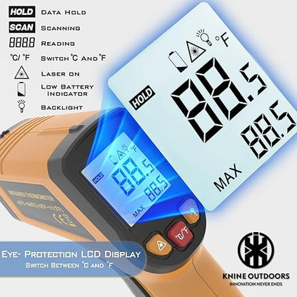 KNINE OUTDOORS Infrared Thermometer Laser Temperature Gun, -58℉ to 1112℉, Single Laser Targeting, Distance to Spot Ratio 12:1, for Cooking, Oven and Meat (Orange) - Image 2