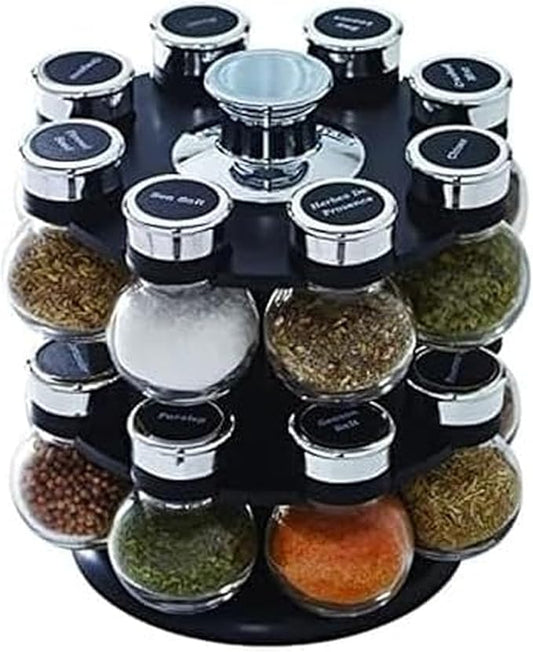 Kamenstein Ellington 16 Jar Revolving Spice Rack with Prefilled Spices - Rotating Chrome and Plastic Countertop Organizer with Sifter Caps and Labeled Lids by Kamenstein