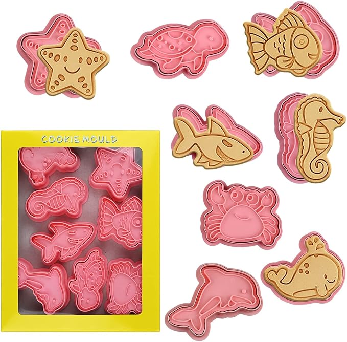 Ocean Cookie Cutters With Plunger Stamps Set,8 Piece See Cookie Cutters,Sea Embossing Cutter For Fondant Biscuit Cheese Baking
