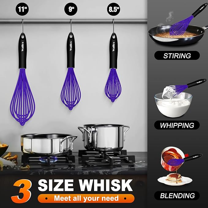 Walfos Whisk,7+9+11in Silicone Whisks for Cooking Non Scatch,Kitchen Whisk,BPA Free and Heat Resistant 480°F,Wisk Perfect for Frothing,Blending,Beating.Dishwasher Safe 3pcs Dark Purple - Image 4