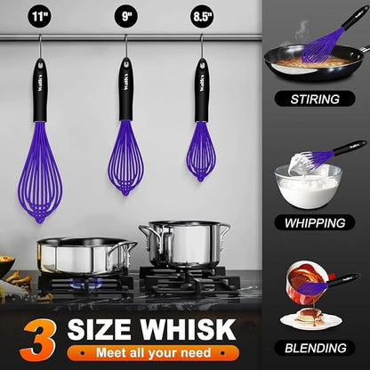 Walfos Whisk,7+9+11in Silicone Whisks for Cooking Non Scatch,Kitchen Whisk,BPA Free and Heat Resistant 480°F,Wisk Perfect for Frothing,Blending,Beating.Dishwasher Safe 3pcs Dark Purple - Image 4