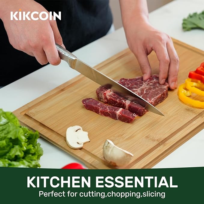Kikcoin 17”×11” Bamboo Cutting Boards for Kitchen, Healthy Wooden Cutting Boards for Kitchen, Charcuterie, Vegetables, Cheese, Extra Large Chopping Boards with Deep Juice Groove and Handle, Natural - Image 2