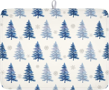 Winter Dish Drying Mat 16 x 18 Inch Blue Tree Dish Drying Pad Absorbent Microfiber Mats for Snowflake Dish Rack Pad for Holiday Kitchen Counter Coffee Bar Decor