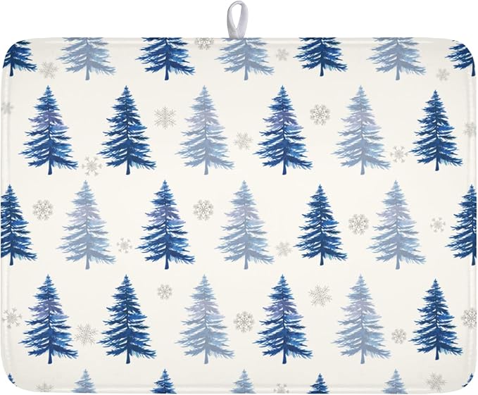 Winter Dish Drying Mat 18 x 24 Inch Blue Tree Dish Drying Pad Absorbent Microfiber Mats for Snowflake Dish Rack Pad for Holiday Kitchen Counter Coffee Bar Decor