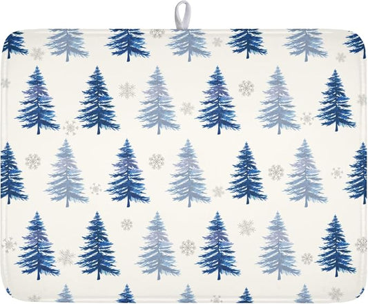 Winter Dish Drying Mat 18 x 24 Inch Blue Tree Dish Drying Pad Absorbent Microfiber Mats for Snowflake Dish Rack Pad for Holiday Kitchen Counter Coffee Bar Decor