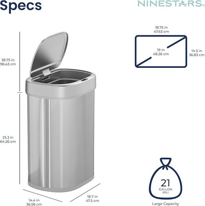 Ninestars DZT-80-24 Automatic Motion Sensor Trash Can with Adjustable Sensor Range, Stainless Steel Base, Silver Lid, 21 Gallon
