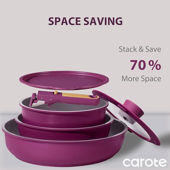 CAROTE Ceramic Pots and Pans Set, Nonstick Cookware Set Detachable Handle, 6pcs Induction Kitchen Cookware Sets Non Stick with Removable Handle, RV Cookware Set, Oven Safe, Purple - Image 6