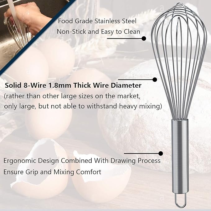 Whisks for Cooking, 3 Pack Stainless Steel Whisk for Blending, Whisking, Beating and Stirring, Enhanced Version Balloon Wire Whisk Set, 8"+10"+12" - Image 2