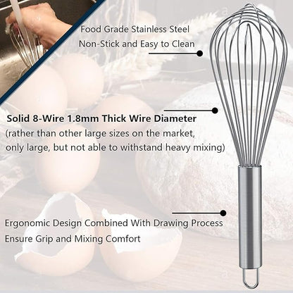 Whisks for Cooking, 3 Pack Stainless Steel Whisk for Blending, Whisking, Beating and Stirring, Enhanced Version Balloon Wire Whisk Set, 8"+10"+12" - Image 2