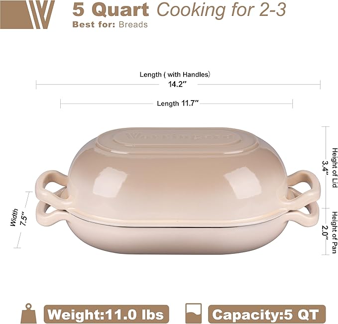 VORRINGARD Enameled Cast Iron Sourdough Bread Oven, Dutch Oven, Loaf Cast Iron Bread Pan for Homemade Bread Baking, Meatloaf Pan with Lid, 5QT, Latte - Image 2