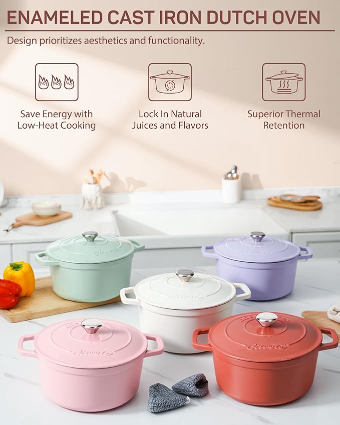 Ciwete Enameled Cast Iron Dutch Oven – 4.4 Quart Pot with Lid & Potholders – Heavy-Duty Cookware for Bread Baking, Braising, Stews & Roasting – Oven & Stovetop Safe up to 500°F – Pink
