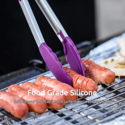 U-Taste Kitchen Tongs, 7/9/12 inches Cooking Tongs, with 600ºF High Heat-Resistant Non-Stick Silicone Tips, 18/8 Stainless Steel Handle, for Food Grill, Salad, BBQ, Frying, Serving, Pack of 3(Purple) - Image 4