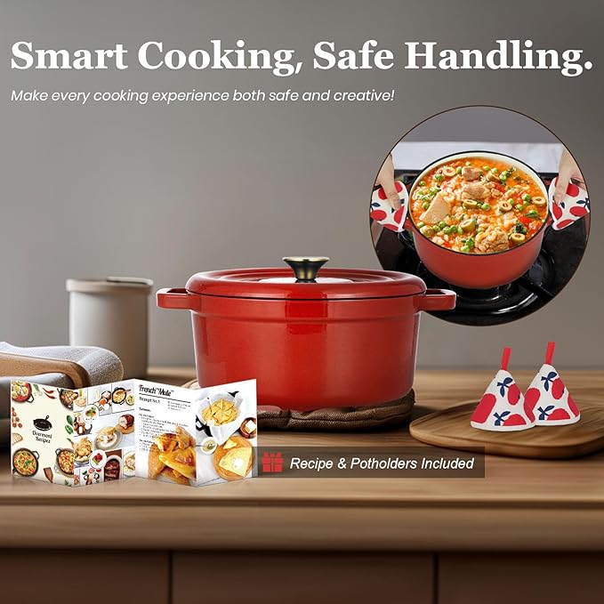 Overmont Enameled Cast Iron Dutch Oven - 5QT Pot with Lid Cookbook & Cotton Potholders - Heavy-Duty Cookware for Braising, Stews, Roasting, Sourdough Baking red - Image 5
