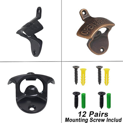 12 Packs Antique Copper Wall Mount Bottle Opener Bulk, Old Fashioned Beer Top Opener Mountable, Rustproof Screw in Wall Soda Bottle Cap Opener Black for Wood Board Caddy