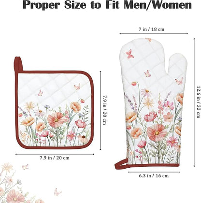 Pink Floral Oven Mitts and Pot Holders Sets 4Pcs, 100% Cotton Heat Resistant, Extra Long Oven Gloves Potholder for Kitchen Cooking Baking Decoration, Housewarming Gifts for Mom - Image 4