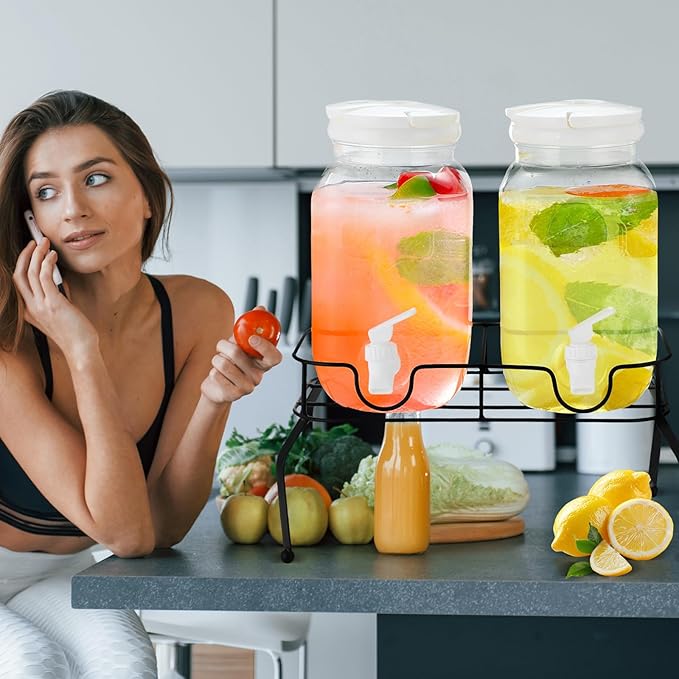Teenyyou 2 Pcs Plastic Drink Dispensers for Parties Beverage Dispenser with Stand and Spigot Juice Lemonade Jars with Lid for Countertop Party Bar Picnics Water Tea, 2 Gallons Total