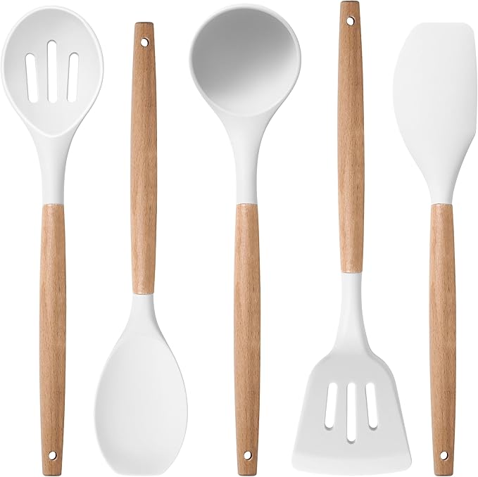 Herogo 5-Piece Cooking Utensils Set, Silicone Kitchen Utensils Set with Wooden Handle, Heat Resistant Cooking Tools Slotted Turner, Spoon, Soup Ladle, Spatula, Spoonula for Nonstick Cookware, White by Herogo