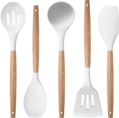 Herogo 5-Piece Cooking Utensils Set, Silicone Kitchen Utensils Set with Wooden Handle, Heat Resistant Cooking Tools Slotted Turner, Spoon, Soup Ladle, Spatula, Spoonula for Nonstick Cookware, White by Herogo