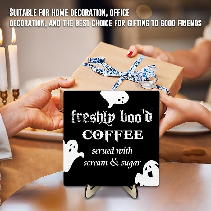 Freshly Boo'd Coffee Wood Sign, Halloween Coffee Bar Decor, Scream Sugar Spooky Season Haunted House Signs Ghosts Fall Shelf Sitter Kitchen Rustic Farmhouse Home Decor Wooden Plaque Sign - Image 7