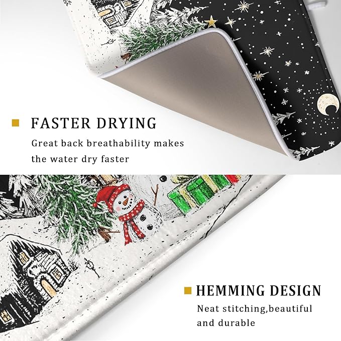 Winter Snowman Dish Drying Mat 24 X 18 in Black Microfiber Dish Pad Absorbent Holiday Kitchen Accessories - Image 3