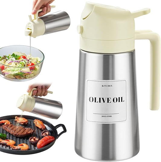 PARACITY Oil Dispenser Bottle with Stainless Steel Shell & Ceramic Sprayed Interior, 2 in 1 Olive Oil Sprayer and Dispenser, Oil Spray Bottle for Cooking, Kitchen, BBQ, Air Fryer, Salad, Baking(White) by PARACITY