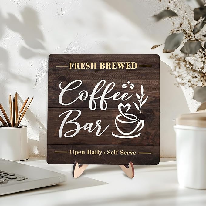 Coffee Bar Sign Plaque, Rustic Wooden Tabletop Plaque with Stand, Vintage Farmhouse Café Counter Sign for Kitchen Coffee Station, Fresh Brewed Mini Bar Decor 5.9x5.9inch - Image 3