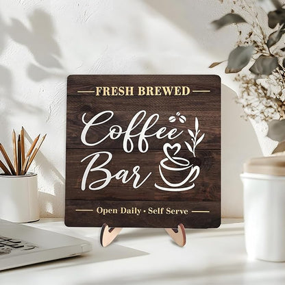 Coffee Bar Sign Plaque, Rustic Wooden Tabletop Plaque with Stand, Vintage Farmhouse Café Counter Sign for Kitchen Coffee Station, Fresh Brewed Mini Bar Decor 5.9x5.9inch - Image 3