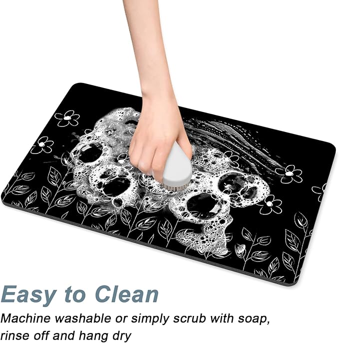 Rnivvi Coffee Mat, 12" x 19" Cute Coffee Bar Mats for Espresso Machine Station Accessories and Organizer, Hide Stain Rubber Backed Absorbent Dish Drying Pad for Kitchen Counter, Black White Flowers - Image 5