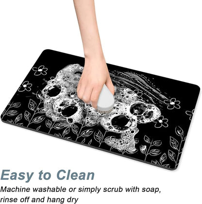 Rnivvi Coffee Mat, 12" x 19" Cute Coffee Bar Mats for Espresso Machine Station Accessories and Organizer, Hide Stain Rubber Backed Absorbent Dish Drying Pad for Kitchen Counter, Black White Flowers - Image 5