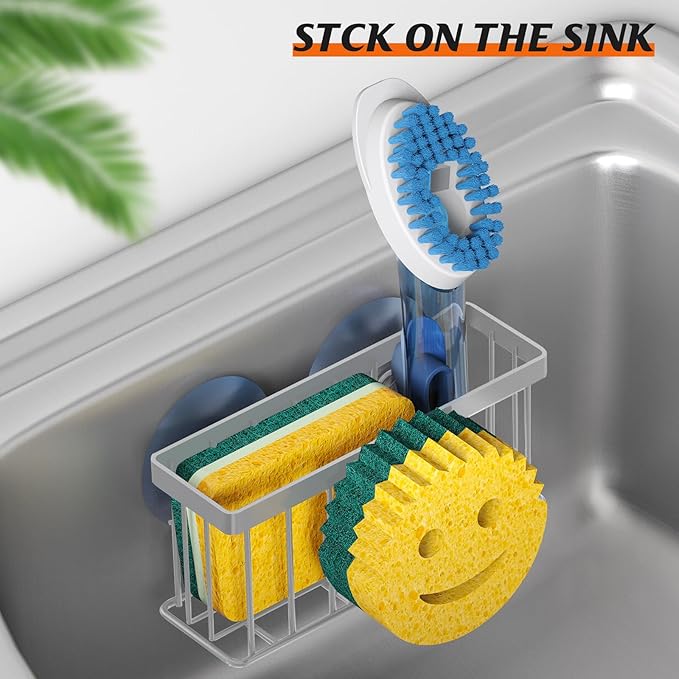MURLONG Sponge Holder Smiley Face,Sink Caddy,Kitchen Organizer with 2 Suction Cups/1 Adhesive Strips,Designed for Sponge,Soap,Dish Brush,Scrubber - Gray - Image 5