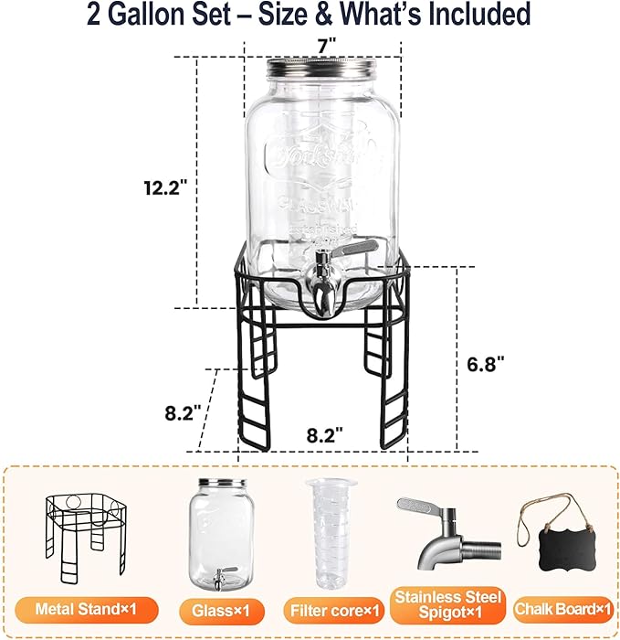 2 Gallon Drink Dispensers for Parties, 1 Pack Glass Beverage Dispenser with Stand & 18/8 Stainless Steel Spigot, Lemonade Jug for Wedding, Picnic, BBQ - Image 2