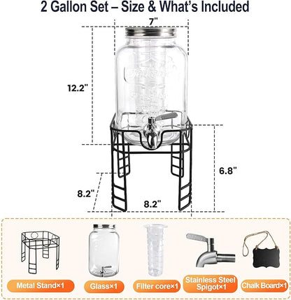 2 Gallon Drink Dispensers for Parties, 1 Pack Glass Beverage Dispenser with Stand & 18/8 Stainless Steel Spigot, Lemonade Jug for Wedding, Picnic, BBQ - Image 2